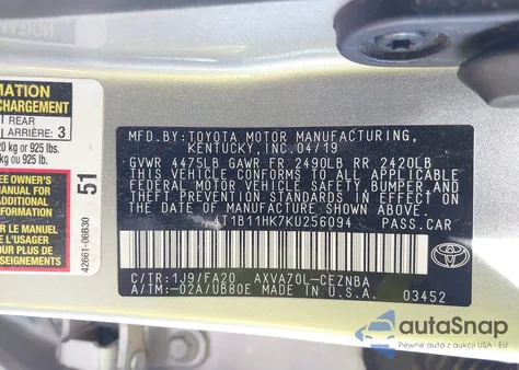 2019 Toyota Camry Le z USA, uszkodzony, nr VIN 4T1B11HK7KU256094